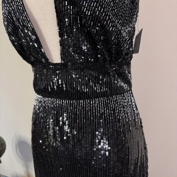 Burnett New York Sequin Beaded Deep V Gown Black Indigo Runway Dress Size 2 NWT - Picture 6 of 14